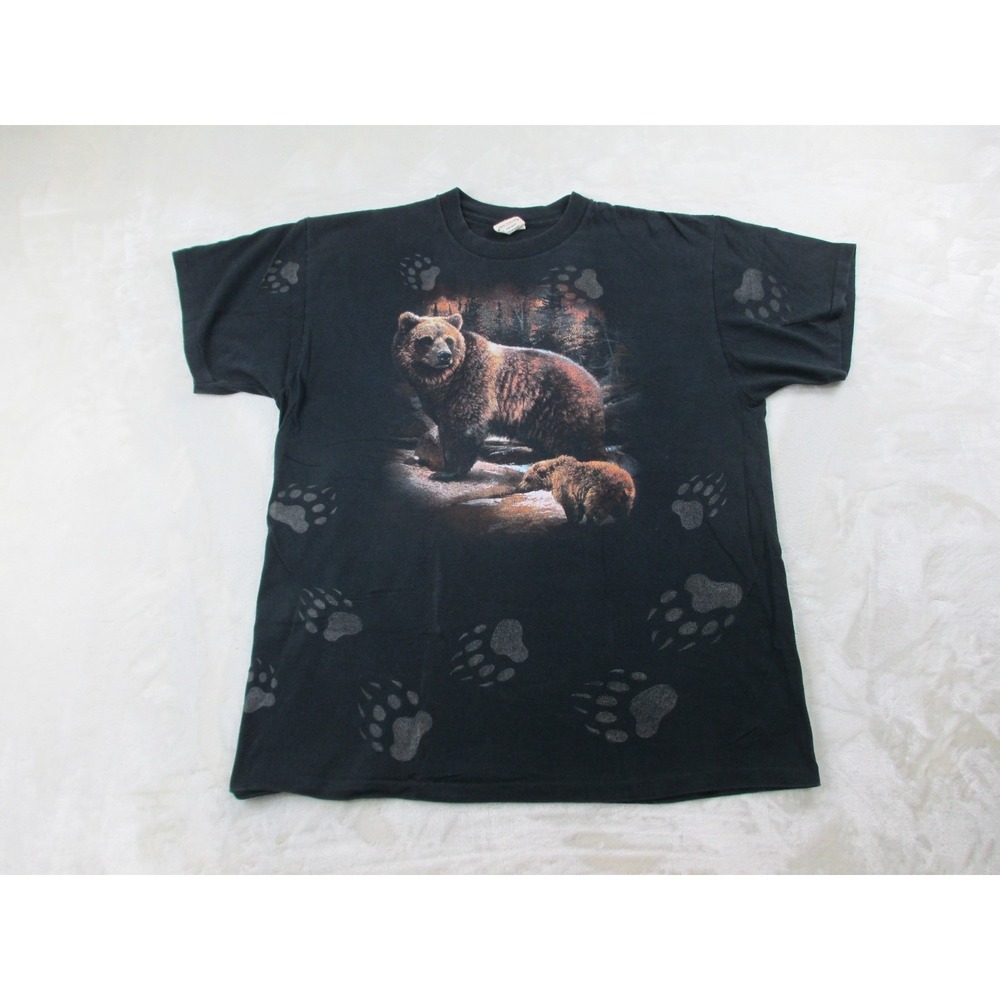 VINTAGE CMJ Sports Wear Shirt Mens‎ Extra Large Black Grizzly Bear USA AOP*